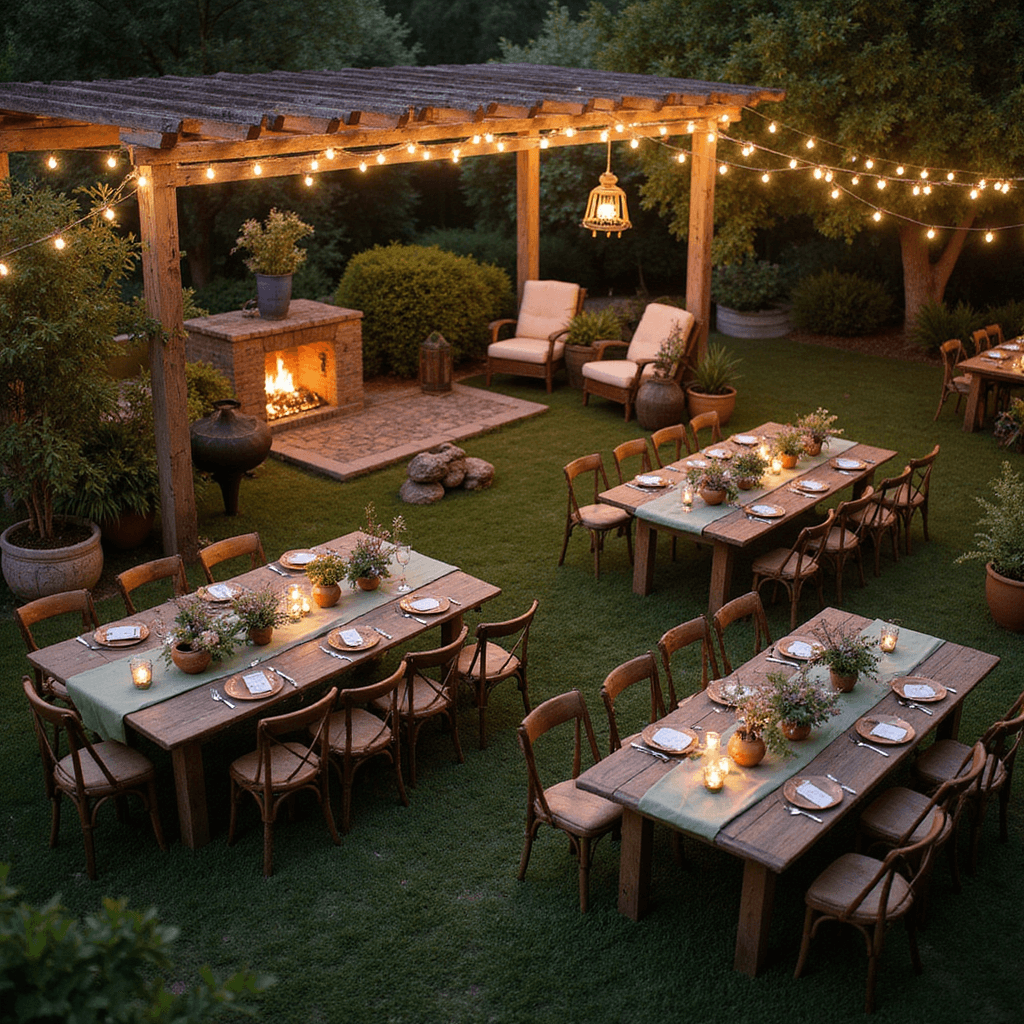An aerial view of a cozy garden party at dusk with twinkling bistro lights, vintage furniture, and long farm tables with wildflower centerpieces and brass candlesticks.