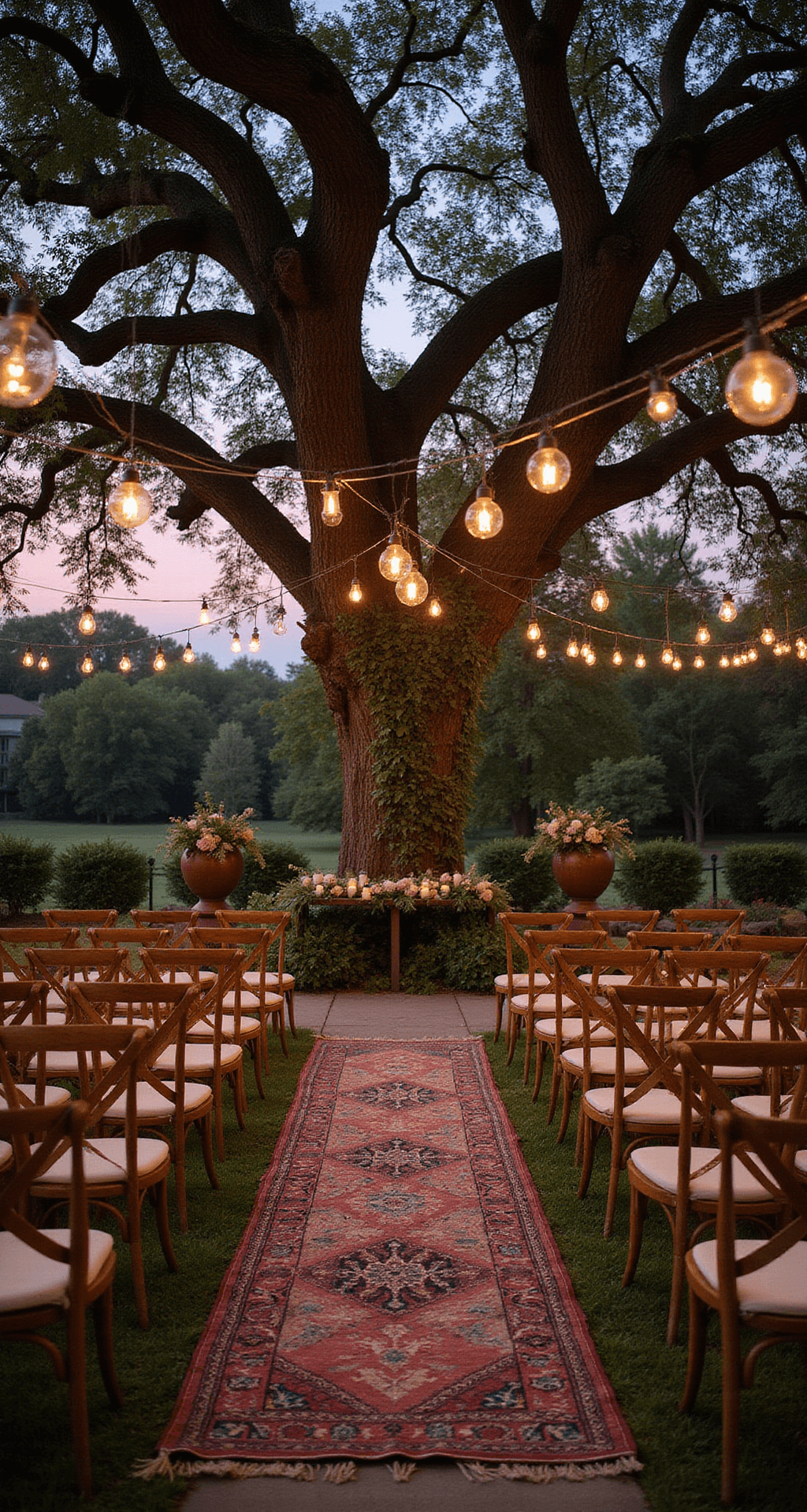 A dusk garden ceremony with cross-back chairs facing a flower-decorated altar under an oak tree, glass orbs with candles hang overhead, and the aisle lined with copper urns and vintage rugs, set against a pink and purple sky.