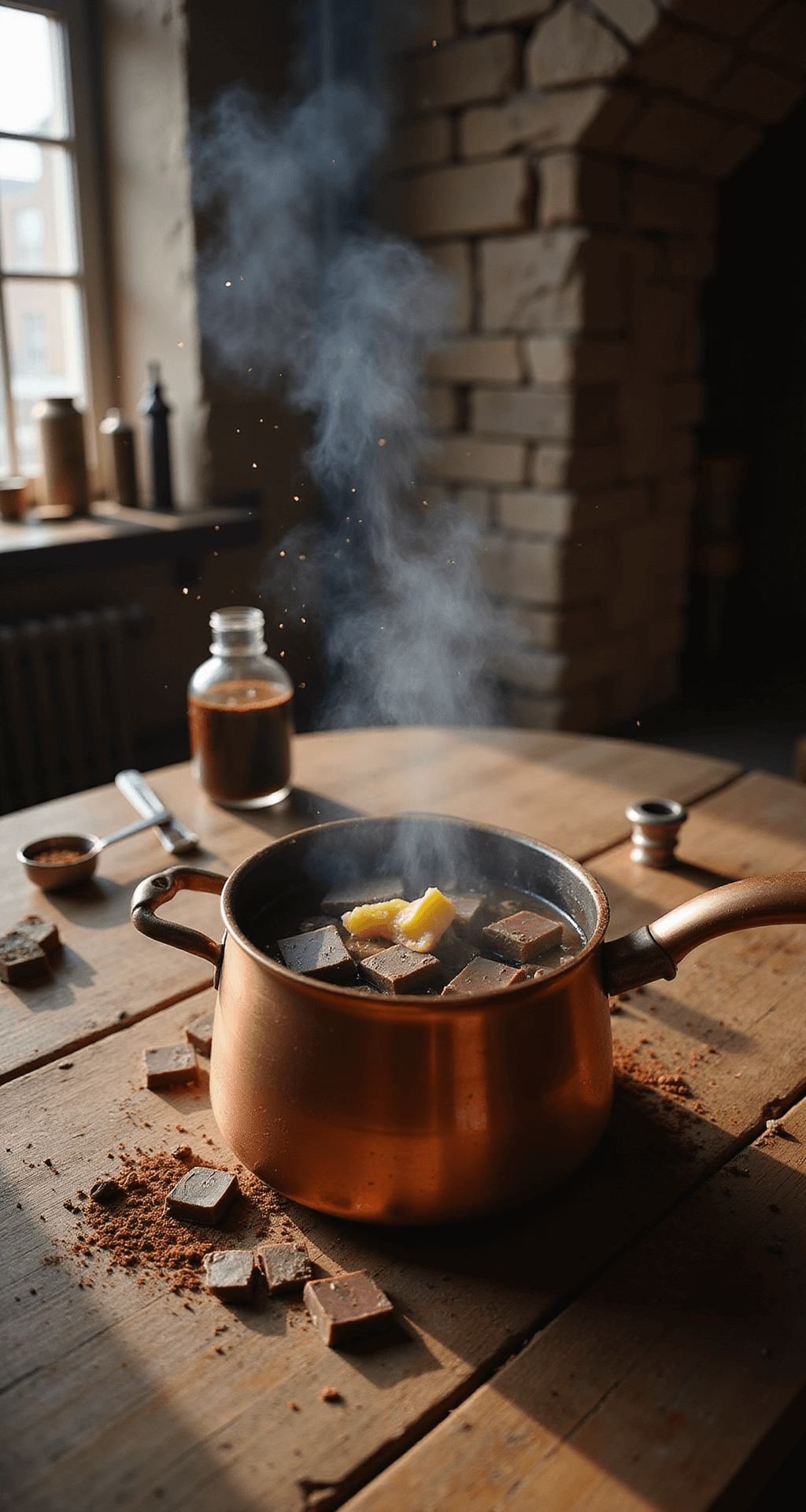 Magical chocolate preparation scene on a rustic table with melting chocolate and butter in a copper pot, surrounded by instant coffee, measuring tools, and sparkles against a stone wall backdrop.