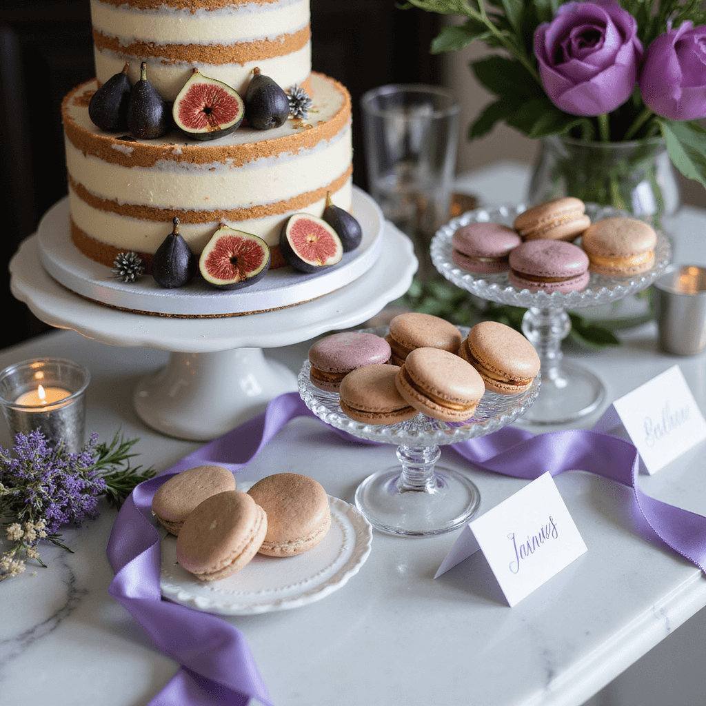 A close-up of a luxurious birthday dessert display featuring a three-tiered naked cake with figs and gold leaf, surrounded by painted macarons and petit fours on crystal stands, accented with purple thistle, brunia berries, and mercury glass votives.
