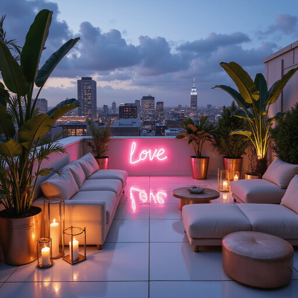 Twilight rooftop celebration with cream bouclé lounge furniture, geometric brass lanterns, and minimalist floral arrangements, accented by a pink neon 'Love' sign and copper decor against city lights.