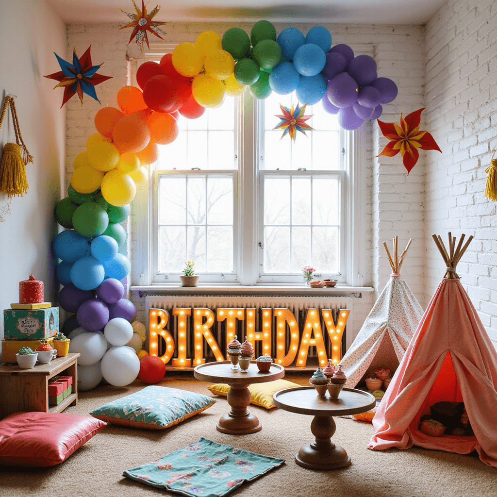 A vibrant children's birthday party in a sunlit room with a rainbow balloon arch, floor cushions, bold-colored table linens, vintage letter lights on a brick wall, whimsical cupcakes on tiered stands, and overhead paper pinwheels and tassels, with cozy fabric tepees.