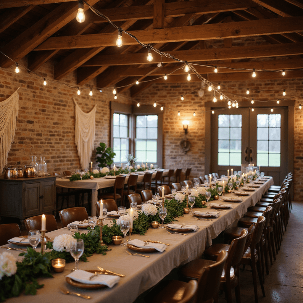A warmly lit rustic barn wedding reception with exposed wooden beams and Edison bulbs, featuring long harvest tables with linen runners, greenery, white flowers, brass candlesticks, vintage leather chairs, macramé wall hangings, and a vintage bar cart with copper mugs and crystal decanters.