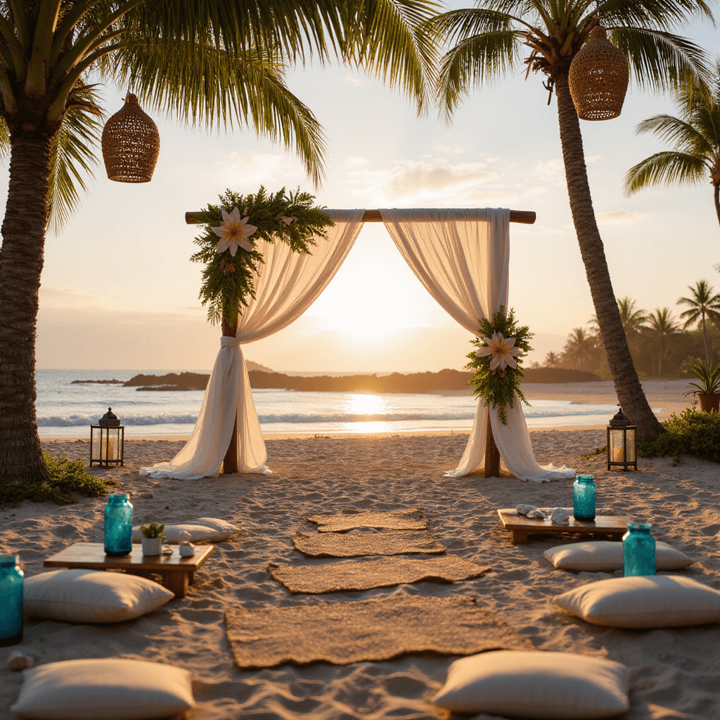 Sunset beach scene with a driftwood arch draped in white fabric and decorated with king protea and monstera leaves, surrounded by low tables on sand, blue glass accents, cream cushions, and rattan pendants. Palm shadows fall on rugs, copper lanterns line pathways to the ocean.