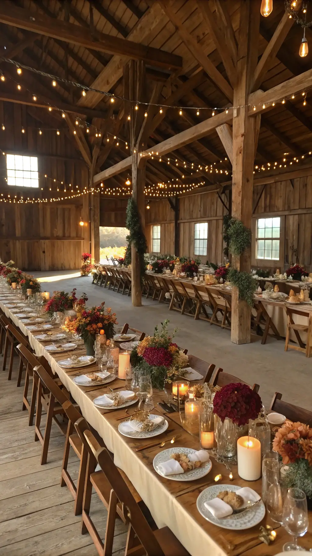 A rustic barn venue at golden hour with string lights, long farmhouse tables, gold-painted pumpkin centerpieces with burgundy dahlias and copper roses, cream silk table runners, vintage brass candlesticks, and natural light through the windows.