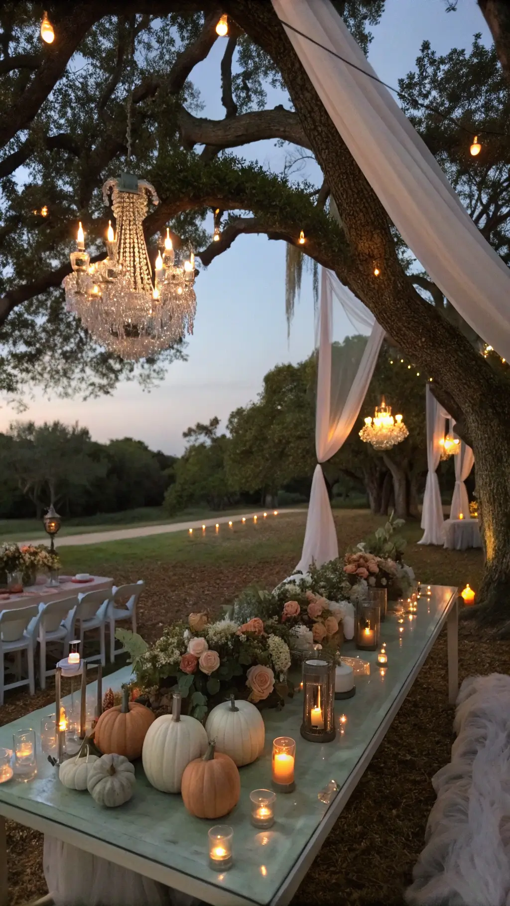 A twilight garden dinner party with an elegant ombre pumpkin display on a glass-topped table under oak trees, adorned with sheer fabric and crystal chandeliers. Centerpieces feature white-to-peach pumpkins with roses, ranunculus, and eucalyptus. Mercury glass votives and copper wire fairy lights add a magical glow against the dusky sky.