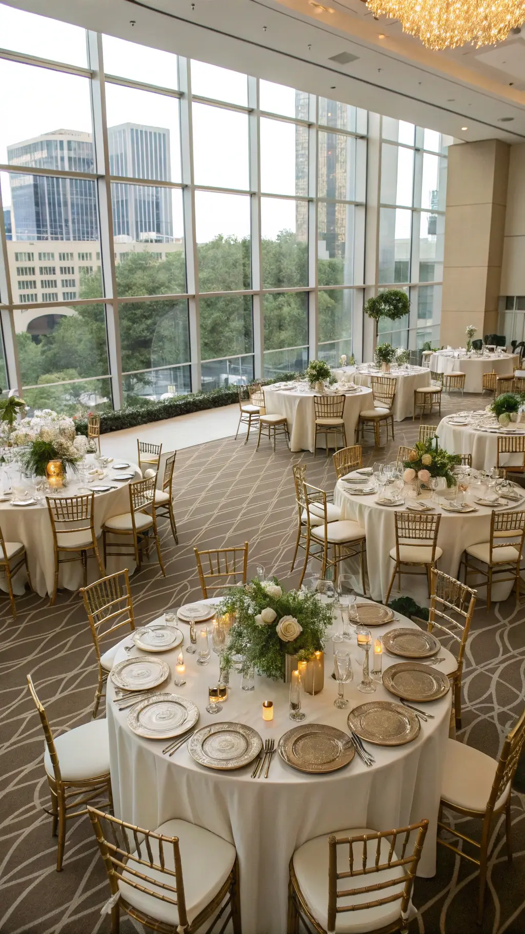 Overhead view of an elegant indoor ballroom wedding reception with champagne linen-draped tables, white pumpkin centerpieces, geometric terrariums, taper candles, ghost chairs, and gold-rimmed chargers, bathed in natural light from large windows.