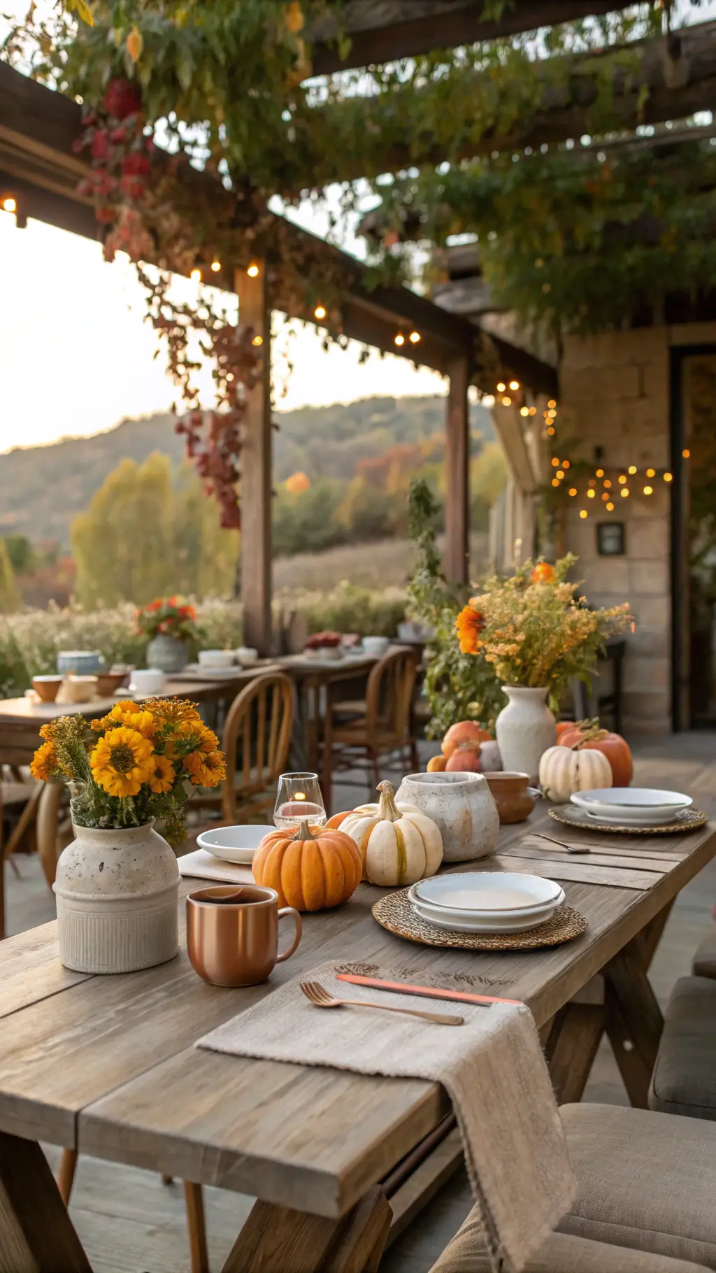 A cozy autumn brunch on a terrace with pumpkins and dahlias on rustic wooden tables, surrounded by vintage stoneware and copper mugs, with morning light filtering through vines.