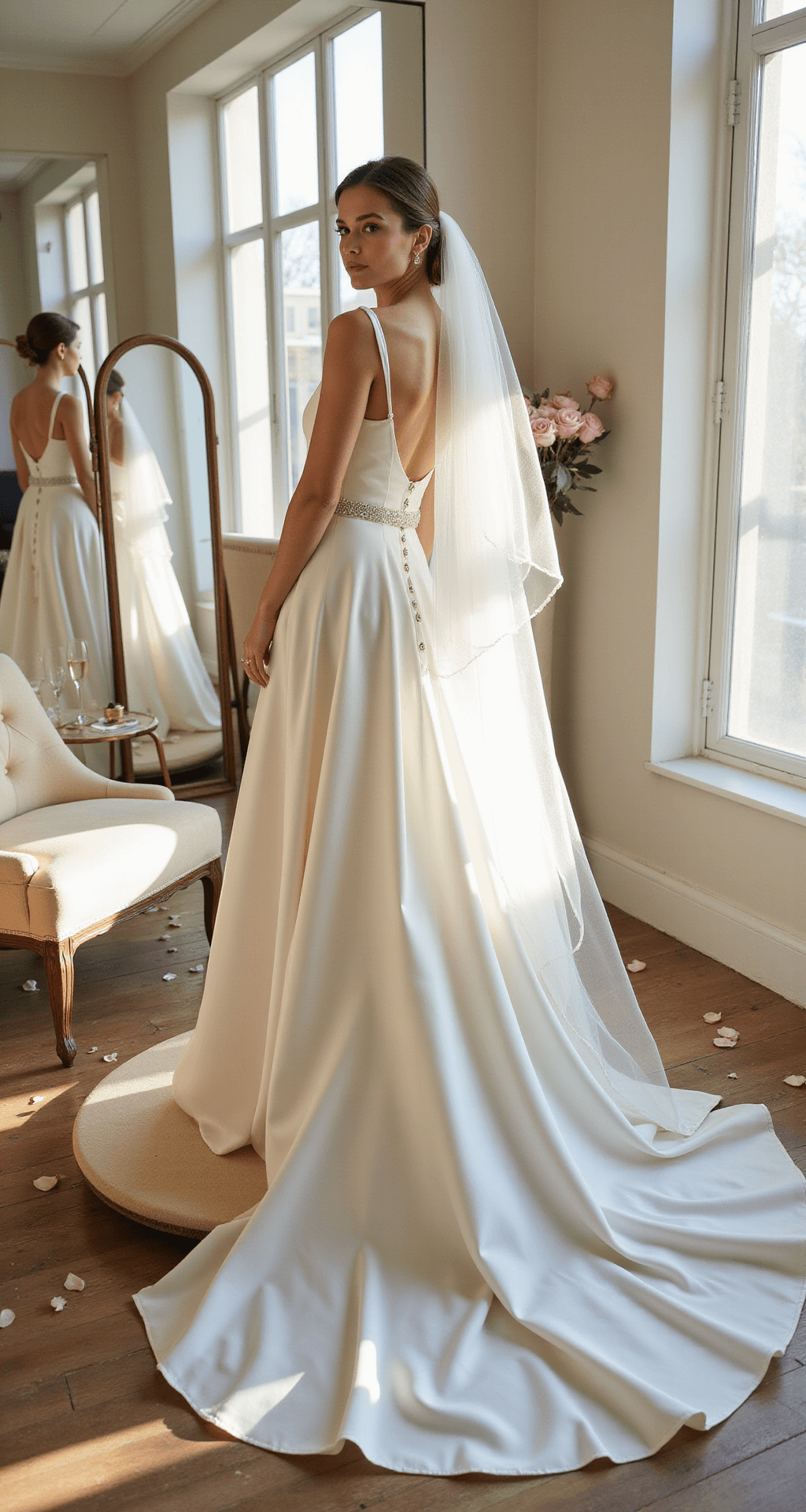 A sunlit bridal boutique interior featuring a bride on a circular pedestal in an A-line silk mikado gown with covered buttons, complemented by a cathedral-length veil. The scene includes cream velvet seating, champagne flutes, and scattered rose petals, all captured through triple mirrors in a soft-focus.