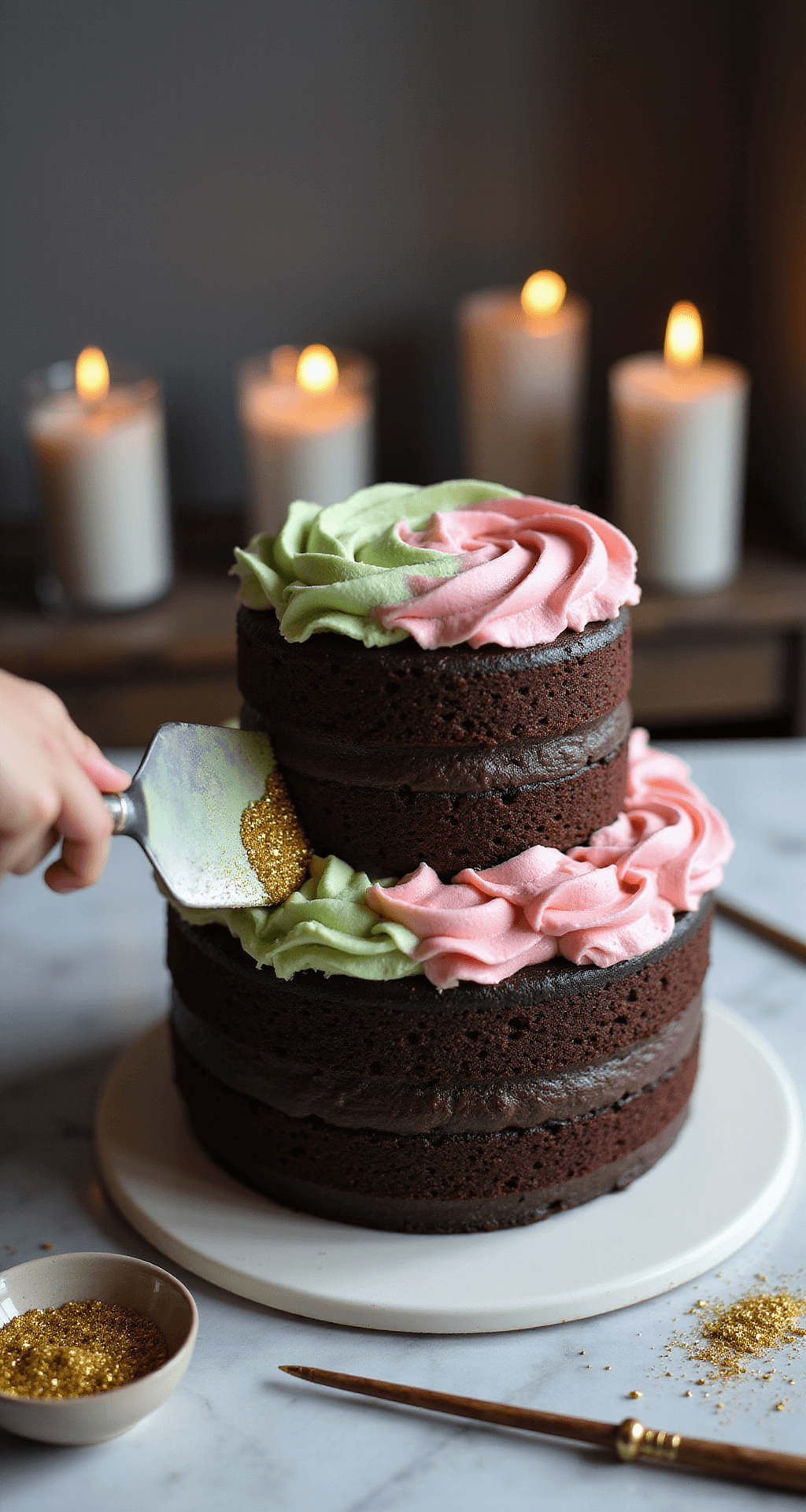 A close-up of a chocolate cake with pink and green buttercream, golden glitter, and Harry Potter-themed decorations, with a wand on a marble countertop and floating candles in the background.