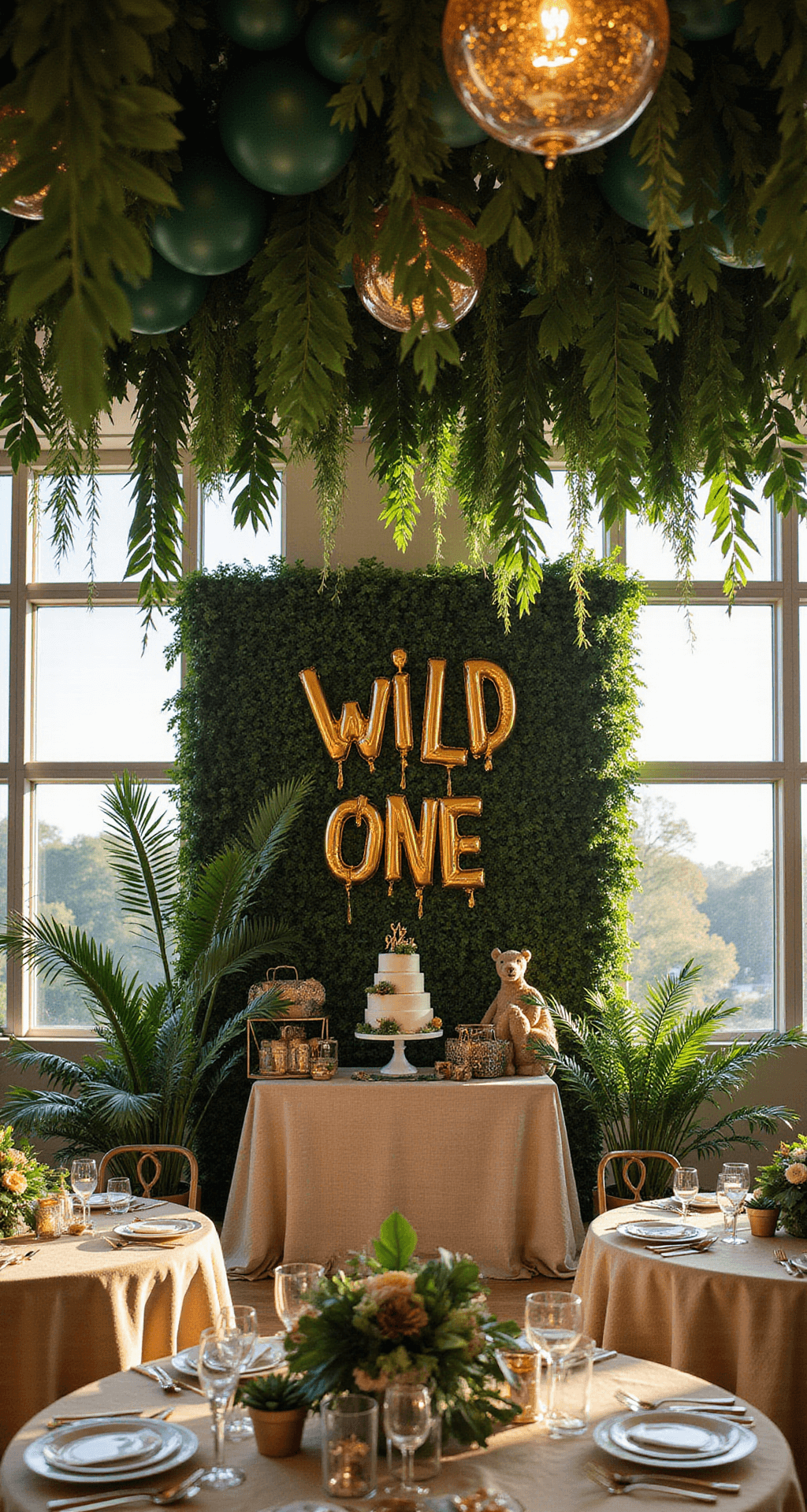 A whimsical indoor ballroom turned into a jungle paradise for a first birthday, with golden hour light illuminating emerald balloon garlands with gold accents and tropical leaves, 'Wild ONE' lettering above a dessert station with a safari cake, and tables with terrariums and safari animals.