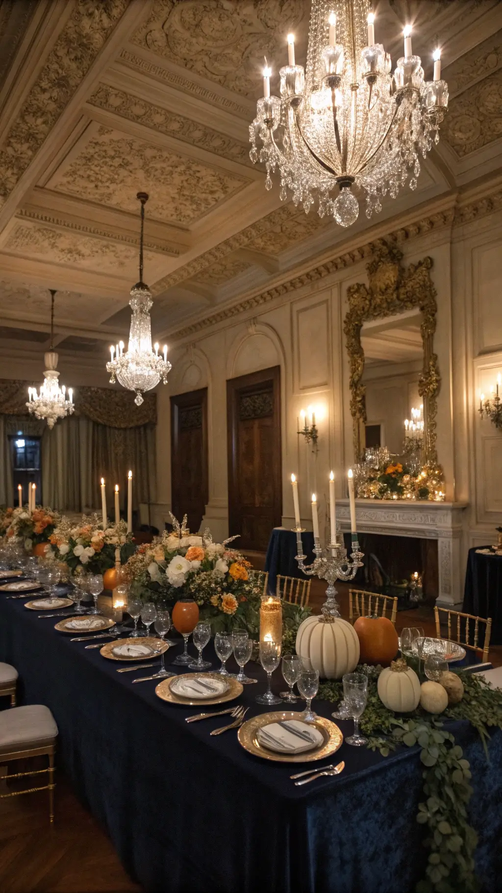 A lavish dining room setting for an elegant evening soirée, featuring a historic mansion illuminated by crystal chandeliers, navy velvet-draped tables, and silver pumpkin centerpieces with white orchids and eucalyptus, exuding sophistication with mirrored chargers and crystal glasses, shot from a low angle to highlight the grandeur.