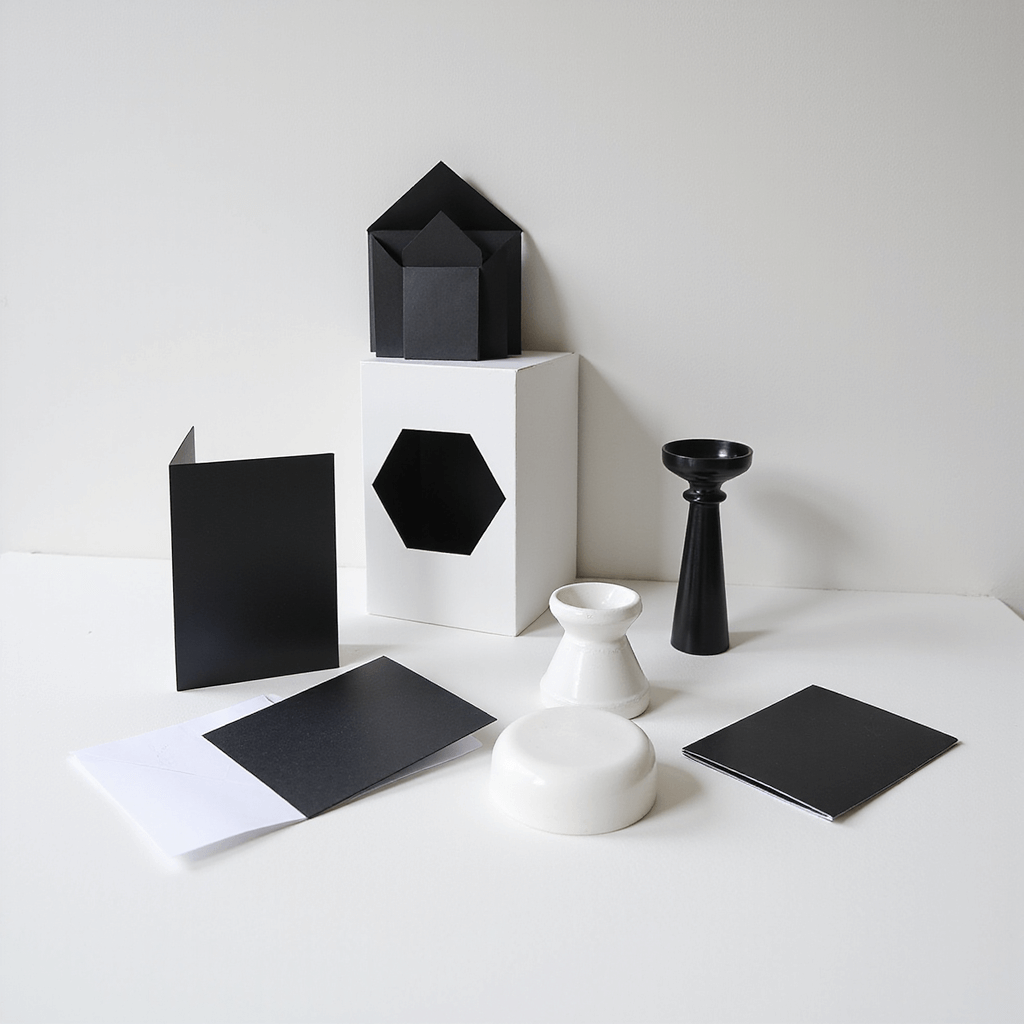 Black and White Wedding Invitations: The Ultimate Guide to Timeless Elegance A contemporary monochrome display featuring black and white geometric invitations, black acrylic shapes, and white ceramic vessels arranged on a white photography sweep, all under clean side lighting creating strong shadows, with noticeable negative space.
