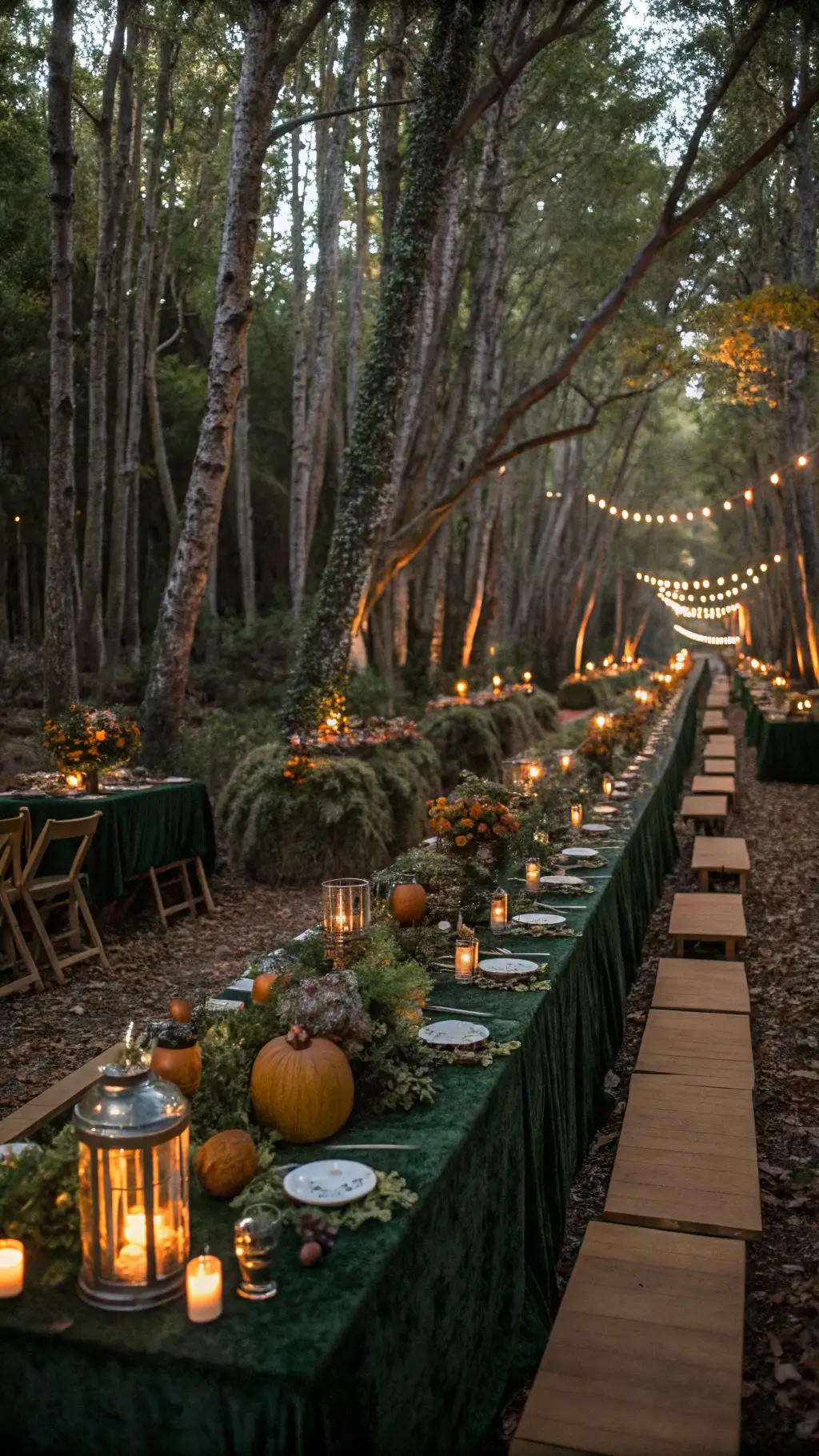 An enchanted forest wedding reception at dusk with long tables winding through illuminated trees, featuring moss-covered pumpkin centerpieces with wild mushrooms and woodland flowers, birch containers, ferns, and glowing lanterns, dark green velvet linens, and mixed metallic accents in a cinematic wide shot.