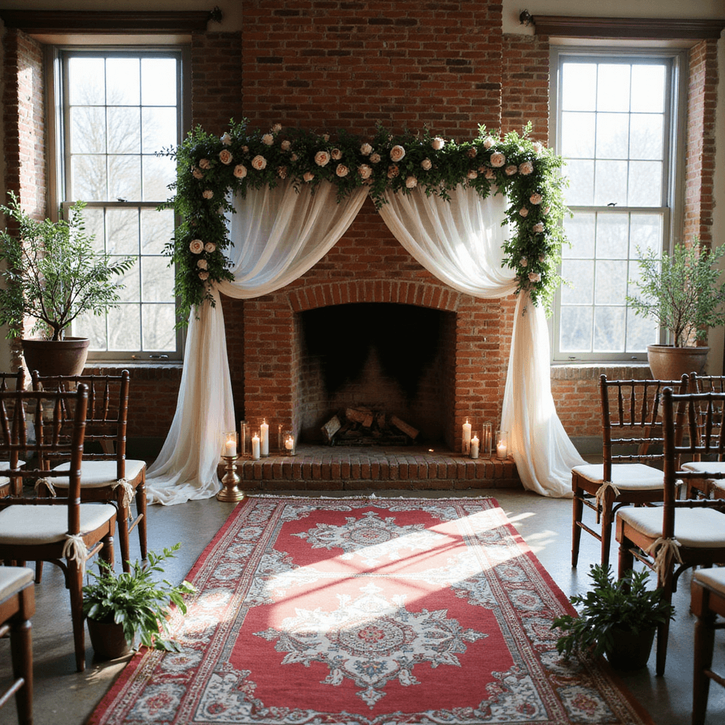 Sunlit living room with a floral arch over a brick fireplace, Persian rug aisle, brass candleholders, and vintage chairs with eucalyptus and silk ribbons.