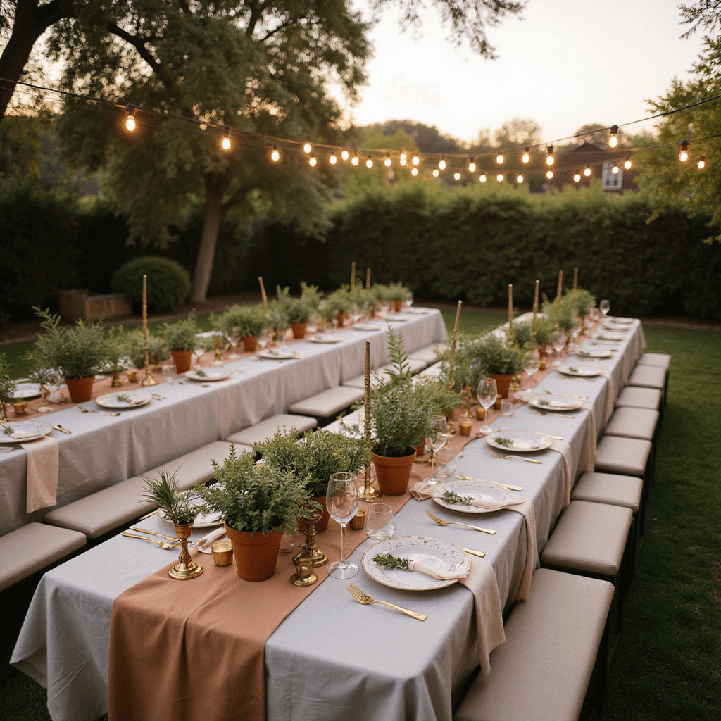 Aerial view of a backyard reception at sunset with U-shaped farm tables, linen runners, terracotta pots of herbs, brass candlesticks, and garden-style centerpieces in soft sage and apricot hues. Market lights overhead add a warm ambiance, with ceramic plates and gold flatware at each place setting.