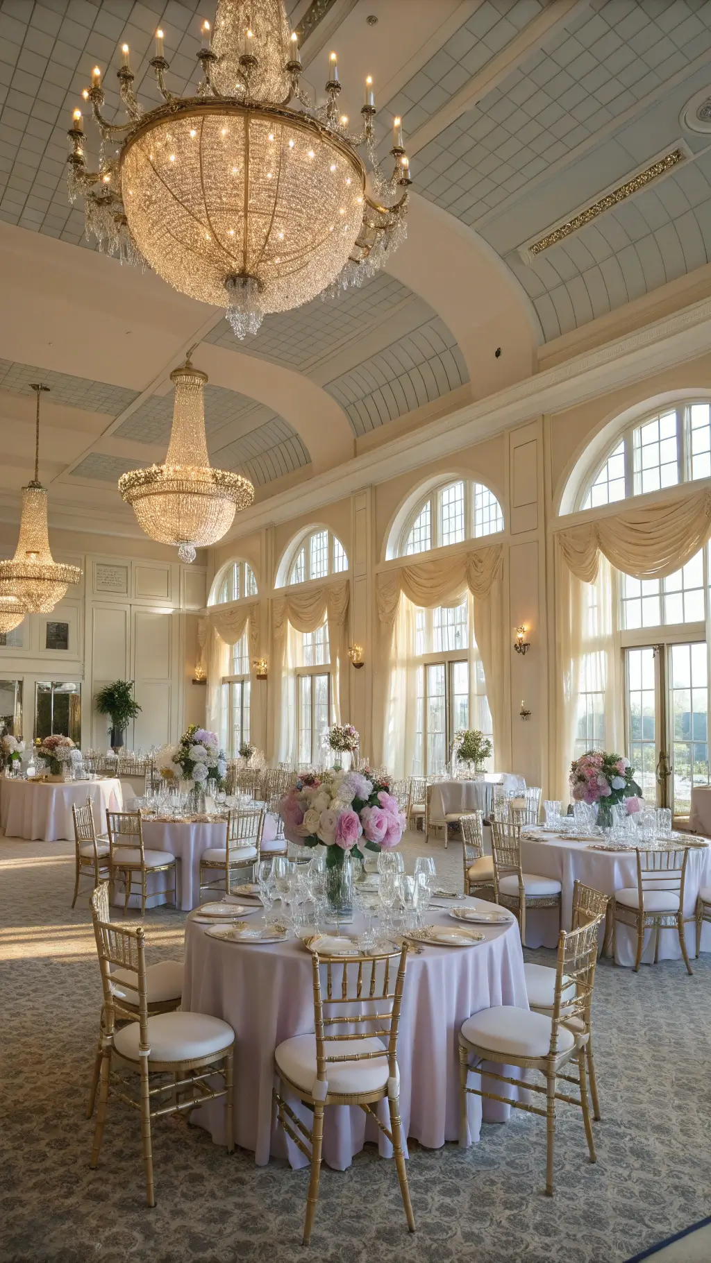 A grand ballroom bathed in golden hour sunlight with floor-to-ceiling windows, vintage crystal chandeliers, and ethereal pastel decor, featuring round tables with pearl-white linens, floral centerpieces, and gold-accented tableware, surrounded by ghost chairs and fairy-lit tulle draping on the ceiling.