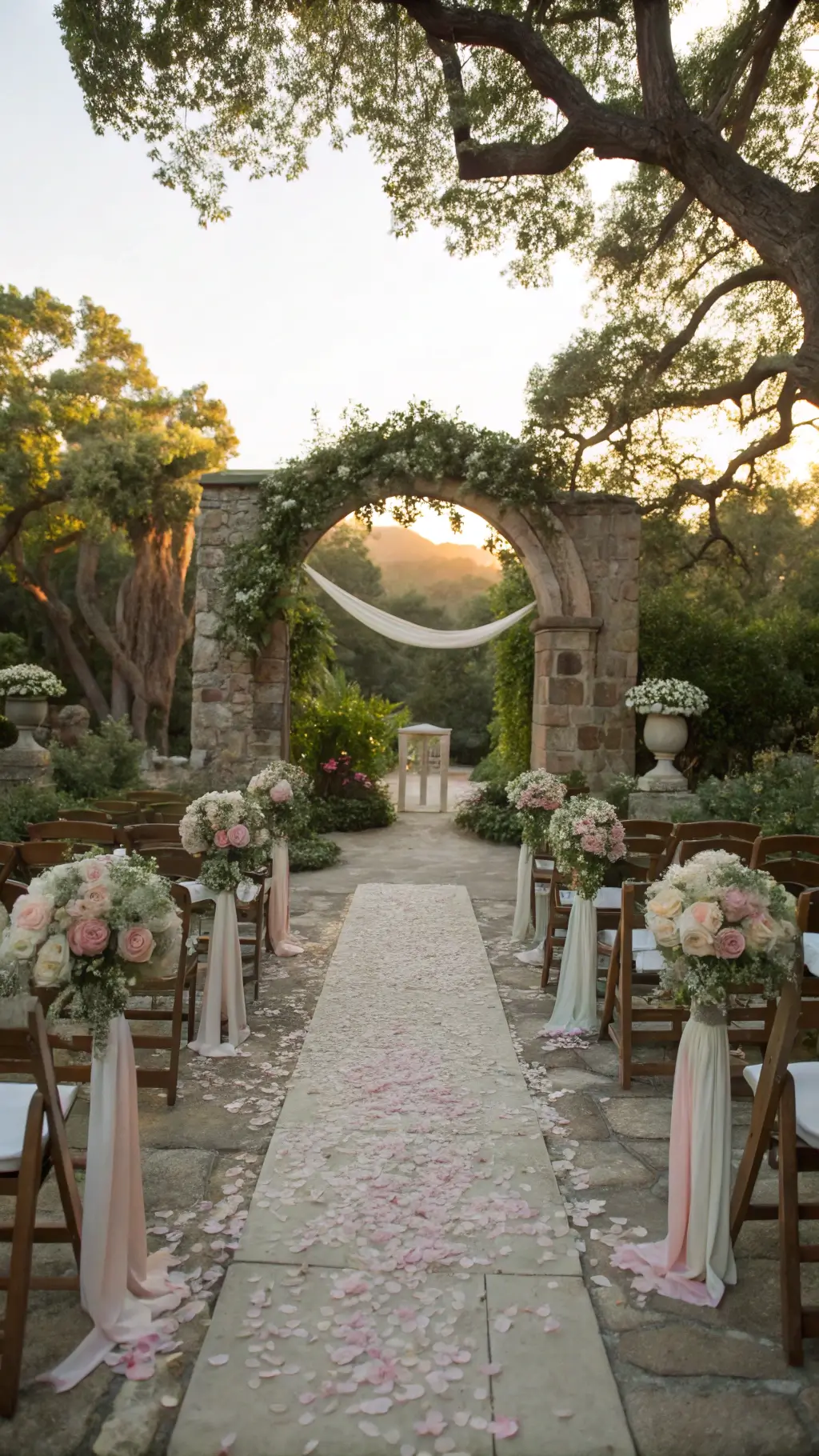 Sunset garden ceremony with stone arch, climbing roses, vintage chairs, pastel flowers, and dappled shadows.