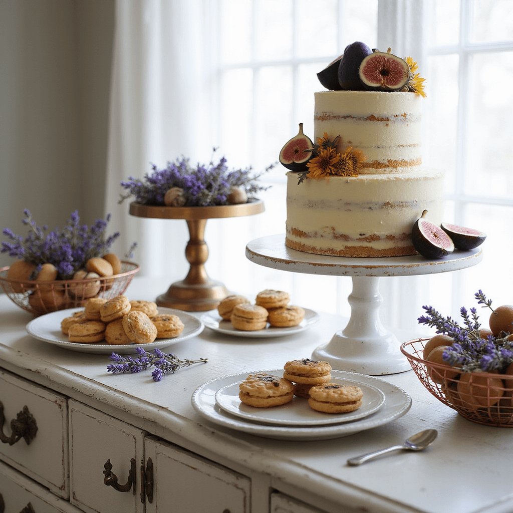 Close-up of a cozy breakfast nook featuring a vintage dresser repurposed as a dessert display, showcasing a three-tier naked cake with figs and honey-toned flowers. Antique cake stands hold macarons and tarts, while copper wire baskets filled with lavender add a fragrant touch. Soft light filters through lace curtains.