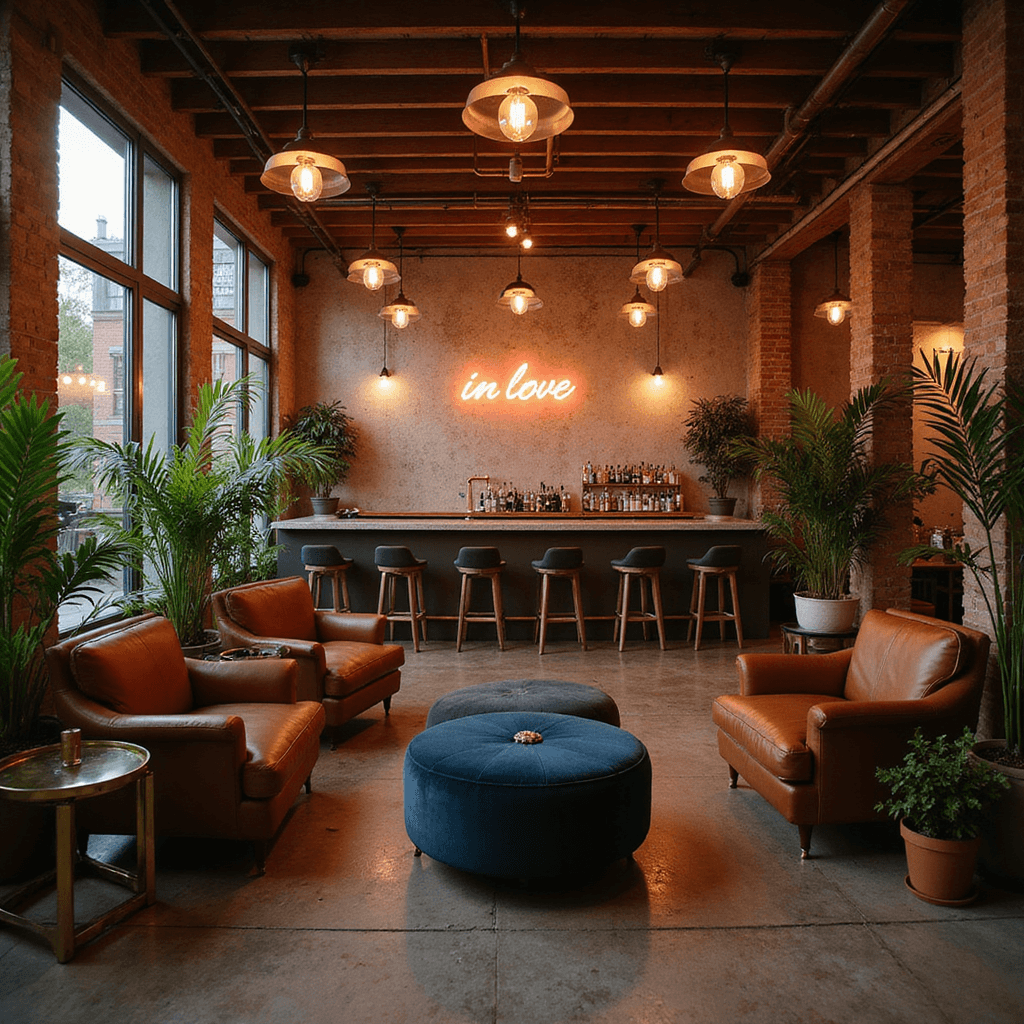 A stylish garage conversion with dim industrial lighting, featuring leather armchairs, velvet ottomans, geometric side tables, potted palms, and a DIY copper and marble bar backdrop with neon signage saying 'in love'.