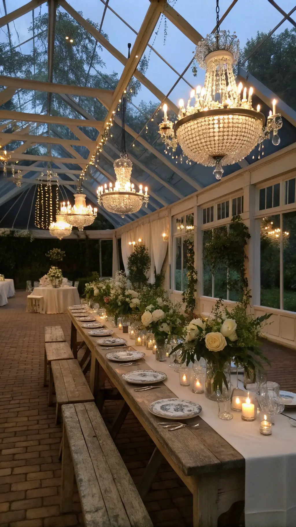 A twilight reception in a Victorian conservatory with chandeliers and glass orbs overhead, featuring long tables with blue silk runners, yellow roses, white anemones, eucalyptus, and vintage goblets.