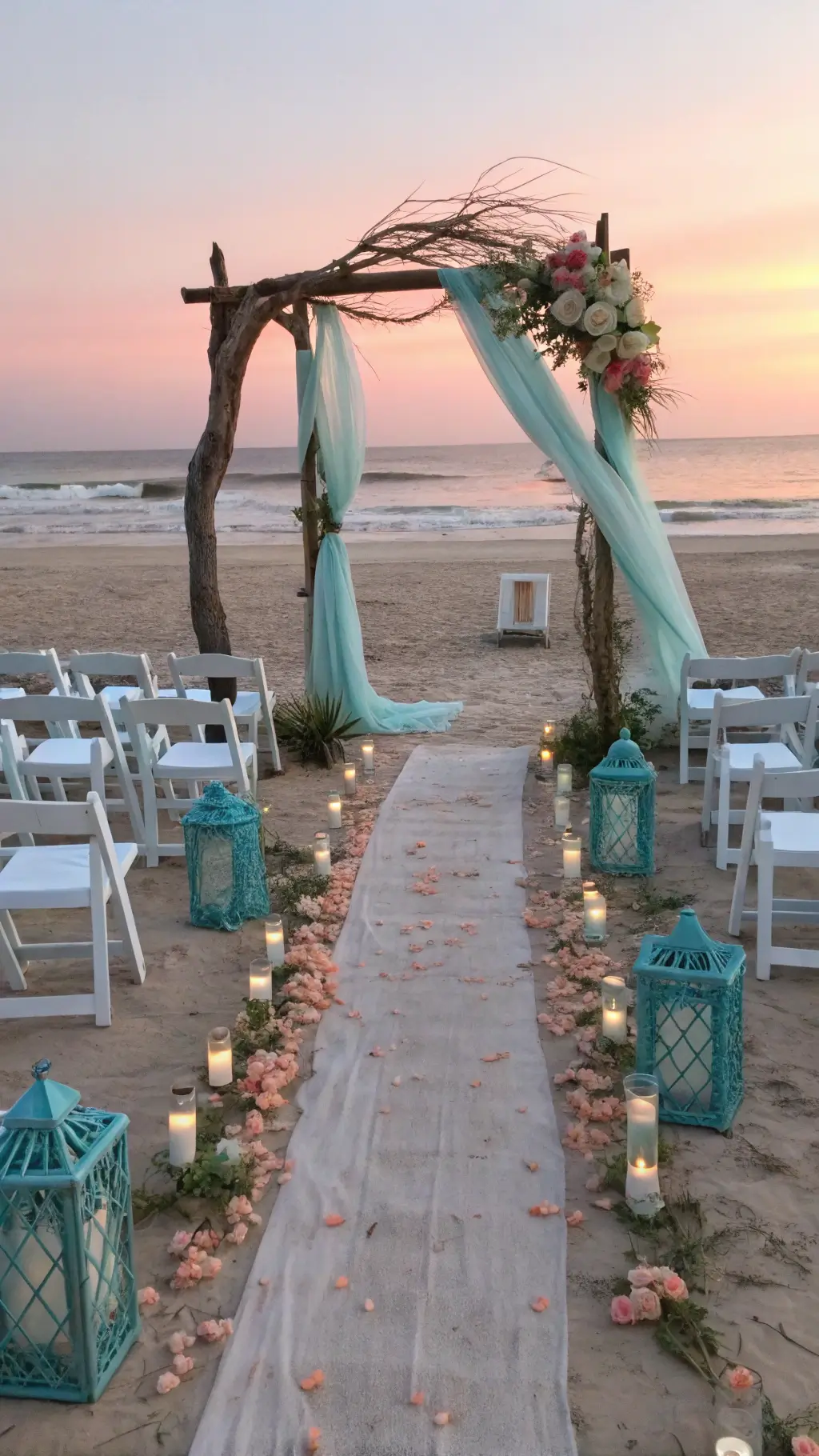 Aerial view of a beachfront setup at sunrise with white chairs facing the ocean, a driftwood arch adorned with flowers, and sandy pathways lined with lanterns.