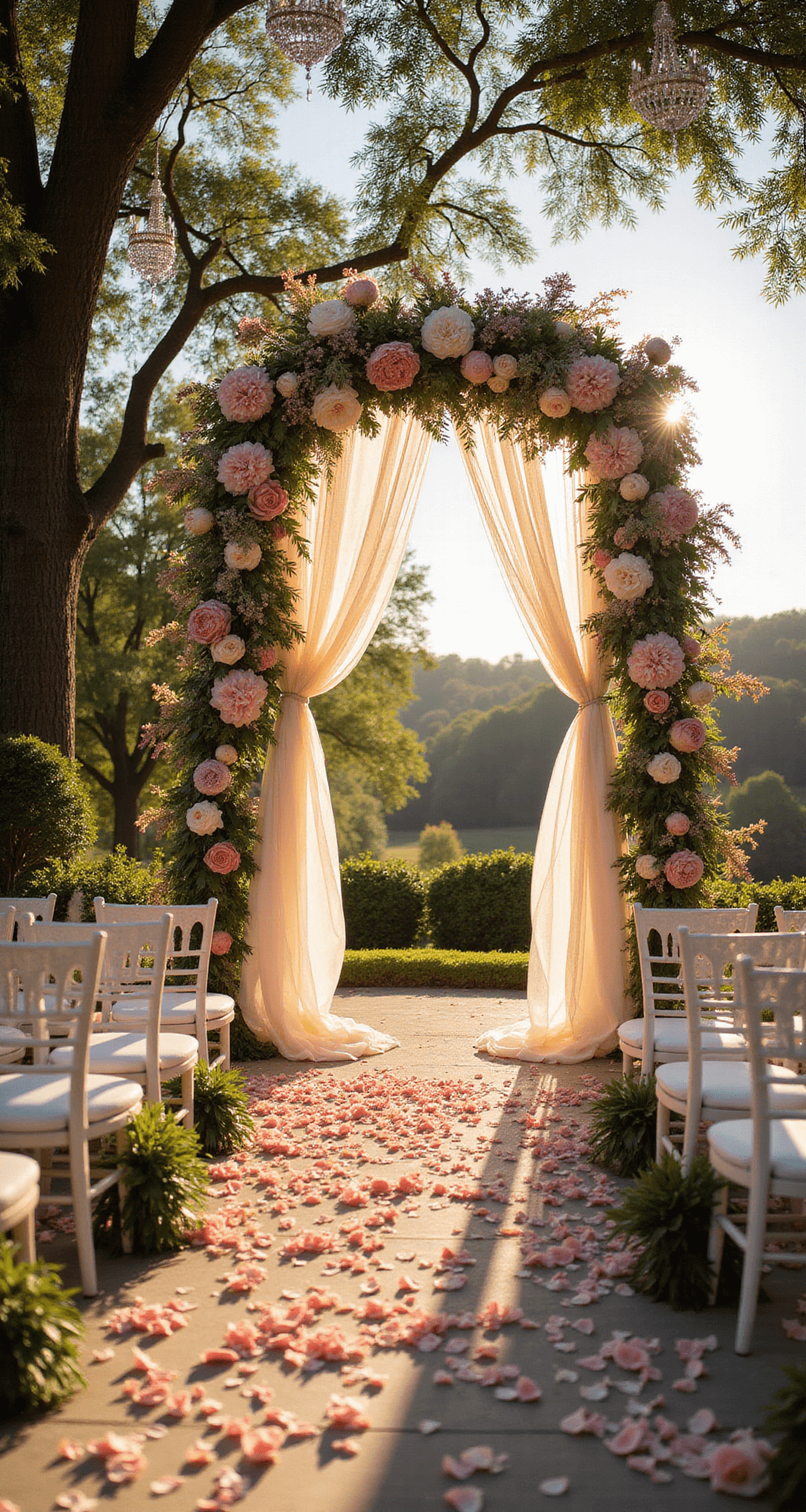 Sun-drenched garden wedding setup with white chairs, floral arch of peonies and greenery, and chandeliers hanging from trees, captured at golden hour.