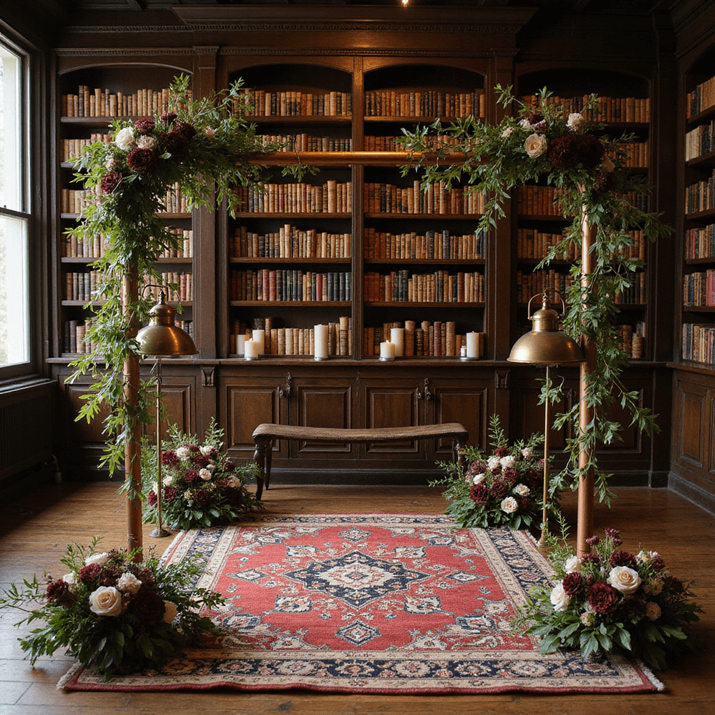 A cozy ceremony space in a home library with rows of books as a backdrop, floating shelves with pillar candles, a Persian rug marking the area, floral installations in burgundy and cream on copper pipes, and vintage brass lamps casting a warm glow over semicircular guest seating.