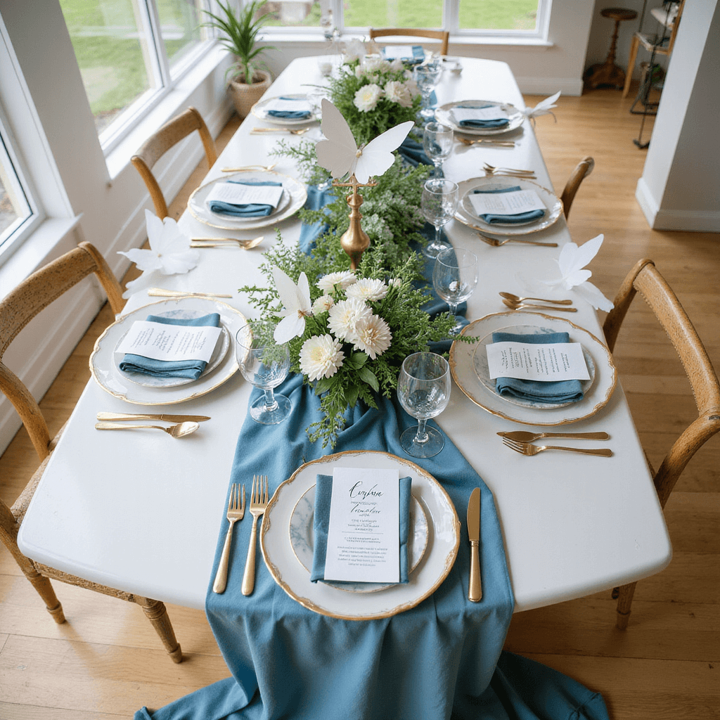 Overhead view of a sweetheart table in a sun-drenched room, featuring a blue silk runner, elegant place settings with marble place cards, gold-rimmed glassware, white and green floral centerpieces, and floating paper butterflies.