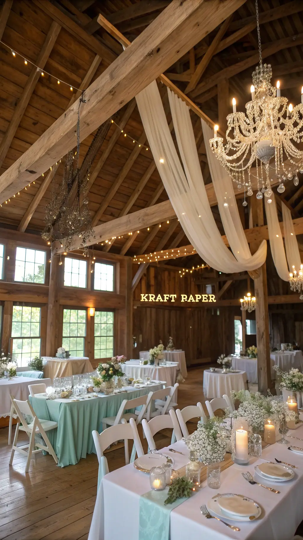 Rustic barn interior with wooden beams adorned with chiffon and chandeliers, farmhouse tables with vintage china, and floral centerpieces in milk glass vases.