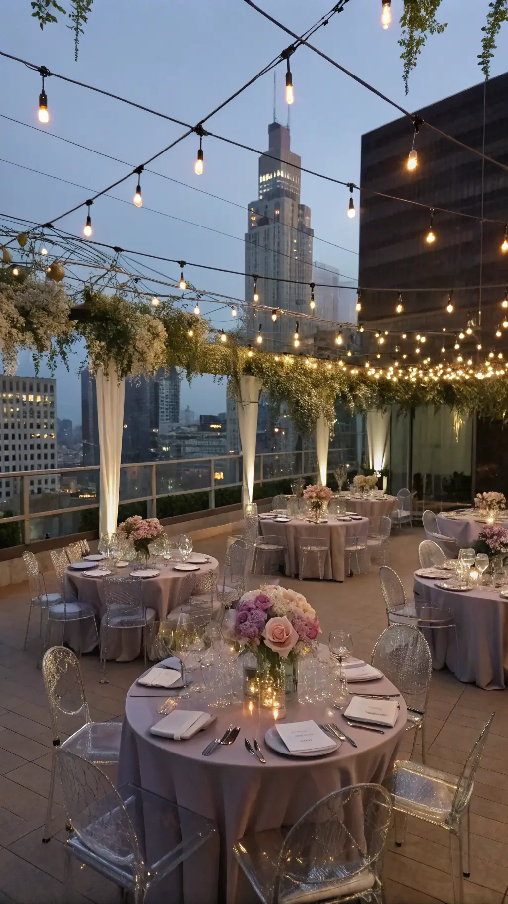A modern rooftop evening soirée featuring ghost chairs, lucite tables with geometric metallic centerpieces, lavender roses, ranunculus, astilbe, copper chargers, gray linens, blush napkins, and suspended wisteria and cherry blossom installations against a city skyline.