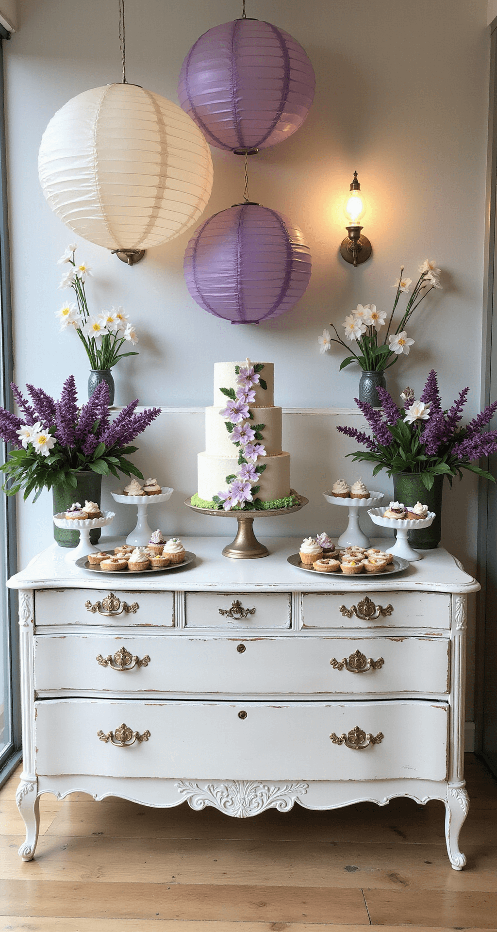 A straight-on view of a whimsical garden party dessert display featuring a vintage white dresser with lilacs and daffodils, a tiered cake with anemones, assorted desserts on milk glass stands, and overhead paper lanterns and bistro lights.