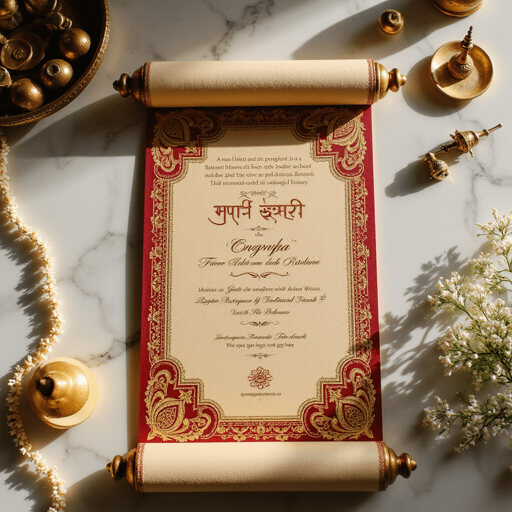 Creating the Perfect Indian Wedding Invitation: A Comprehensive Guide Flat lay of a luxurious Indian wedding invitation with a gold and deep red scroll on cream marble, featuring peacock motifs, jasmine flowers, golden bells, ceremonial thread, and brass items, in soft natural light.