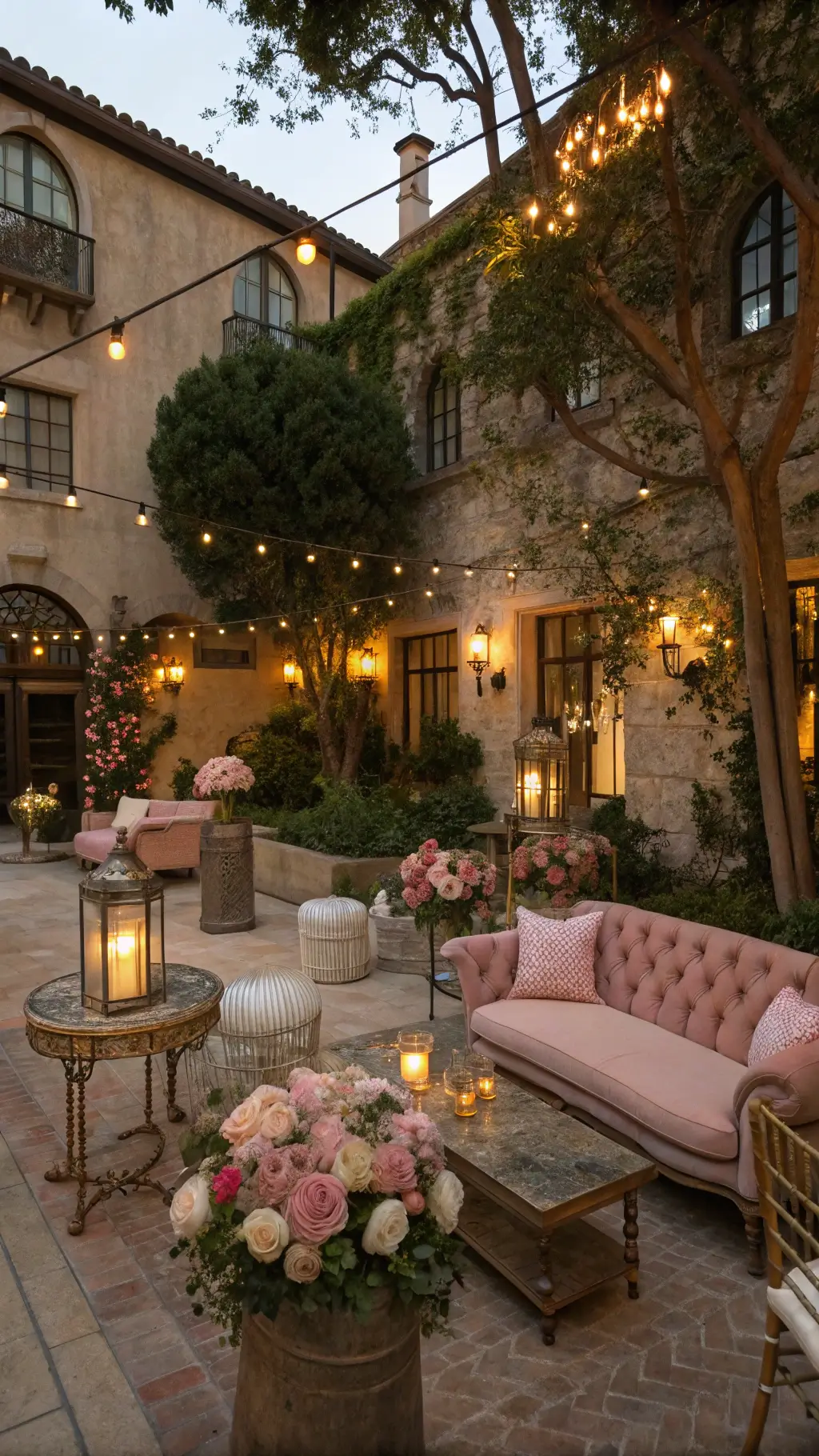 A romantic courtyard cocktail setup at dusk with vintage pastel velvet furniture, warm market lights overhead, antique brass tables with crystal decanters, lantern-strung flowering trees, and large floral arrangements in stone urns.