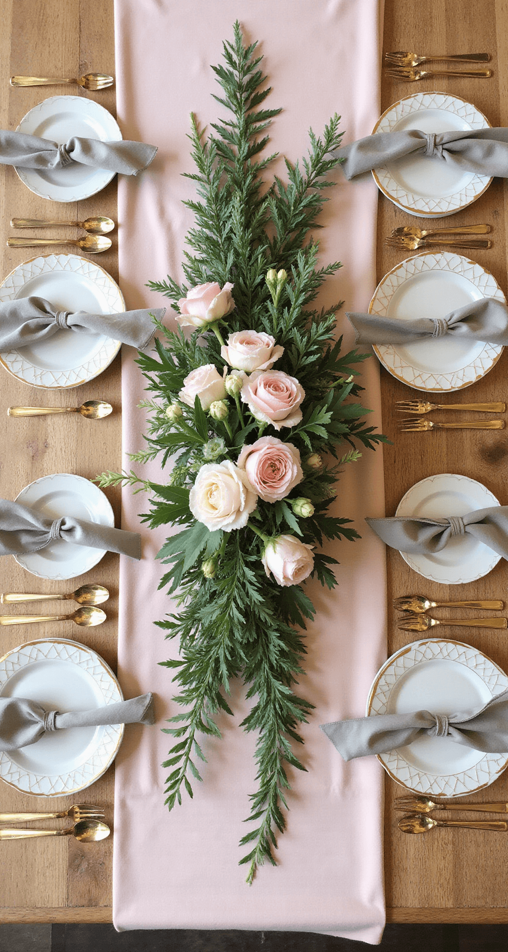 An overhead view of a romantic table setting with a blush silk runner, lush centerpiece of ranunculus and sweet peas, gold-rimmed plates, geometric chargers, and velvet ribbons.