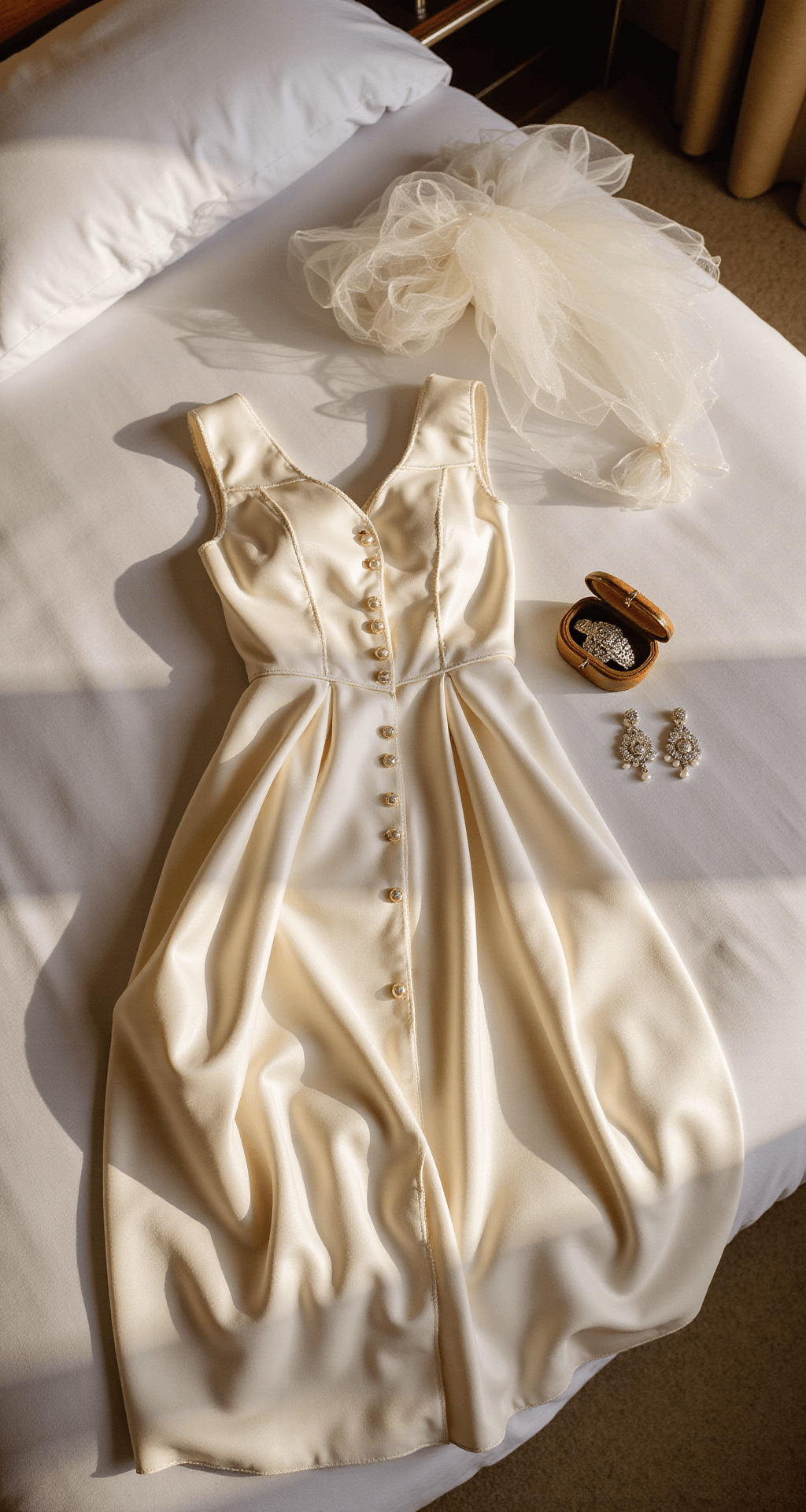 Close-up of an elegant duchess satin ball gown with a sweetheart neckline and pearl buttons, laid on a king-sized bed with white linens, illuminated by golden hour light. A vintage jewelry box with family heirlooms, pearl drop earrings, and a crystal-embellished hair comb sits nearby, while a soft tulle veil is draped artistically across the corner.