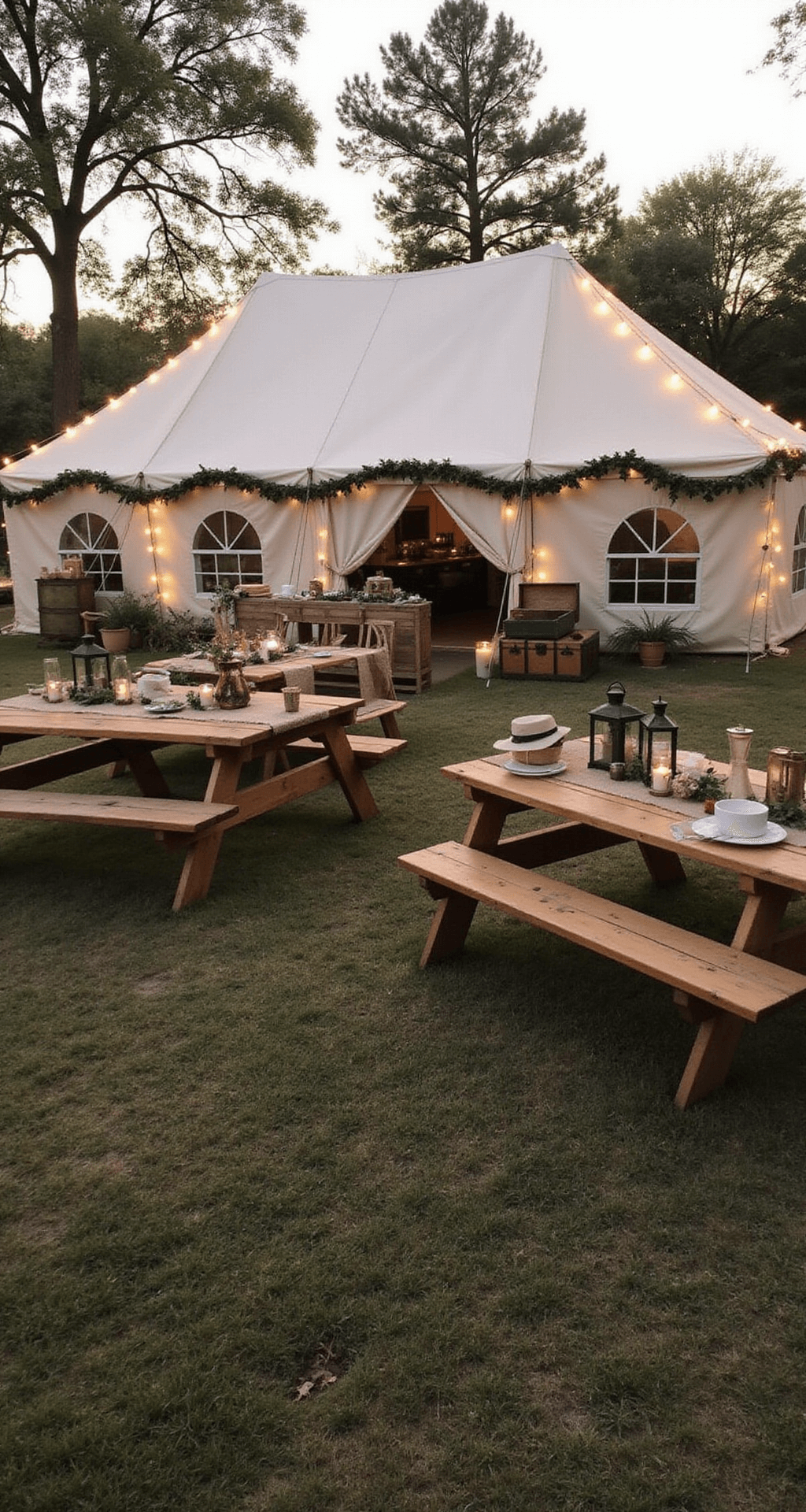 An intimate backyard safari scene at magic hour with a colonial-style tent draped in sheer ivory fabric and fairy lights, natural wood picnic tables with burlap runners, brass lanterns, and greenery garlands, alongside a DIY dress-up station with safari attire, all captured from a lifted perspective at sunset.