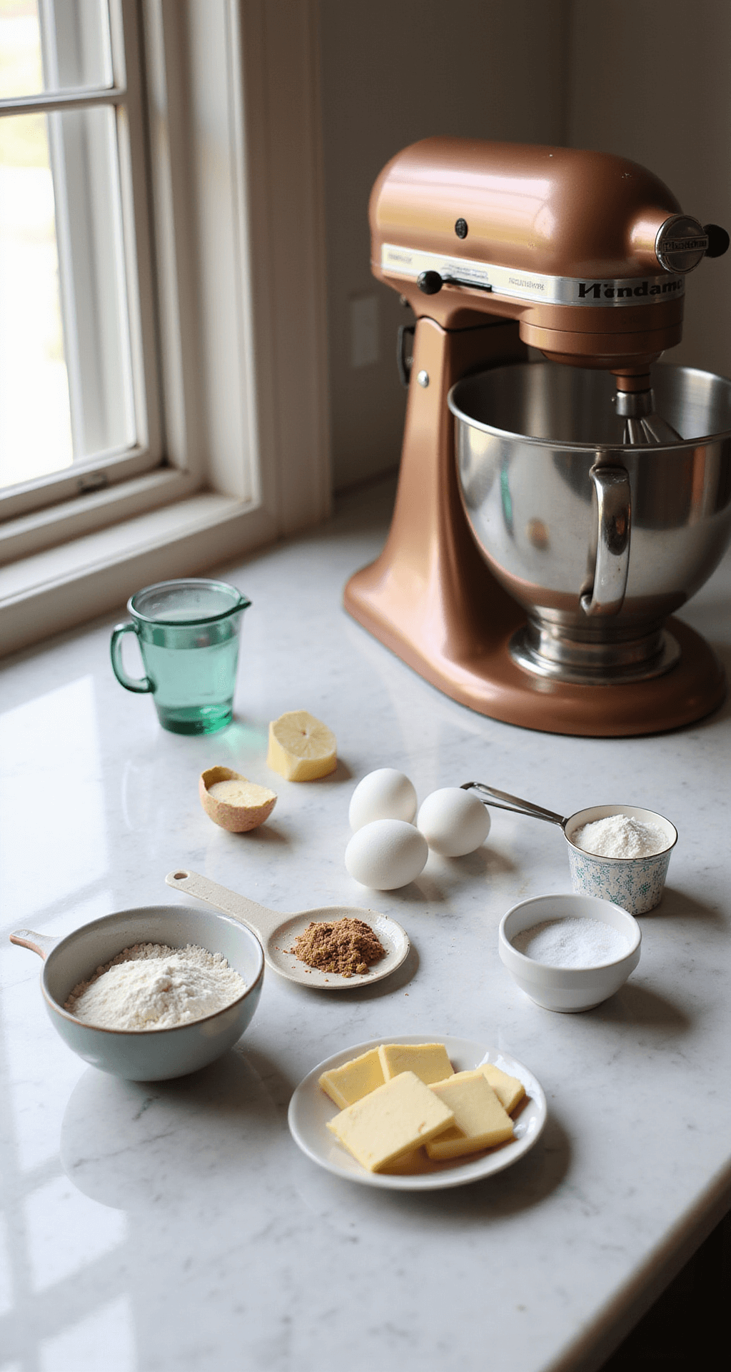 A sunlit kitchen with baking ingredients on a marble countertop, including sifted cake flour, eggs, sugar, butter, a copper stand mixer, measuring cups, and vintage mixing bowls.