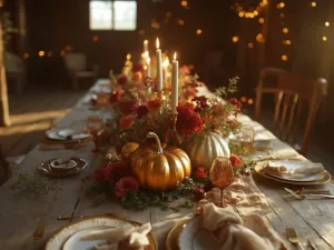 A hyperrealistic autumn centerpiece with gold-painted pumpkins, burgundy dahlias, and copper roses on a rustic farmhouse table, accented by brass candlesticks and soft sunlight filtering through barn windows.