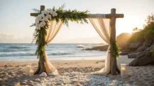 Capturing the Perfect Beach Wedding Flowers: A Complete to Stunning Seaside Styling Photorealistic beachfront wedding ceremony arch at golden hour, adorned with white orchids and plumerias, with a sandy aisle marked by rose petals and candlelit hurricanes, set against a vibrant sunset sky and turquoise ocean.