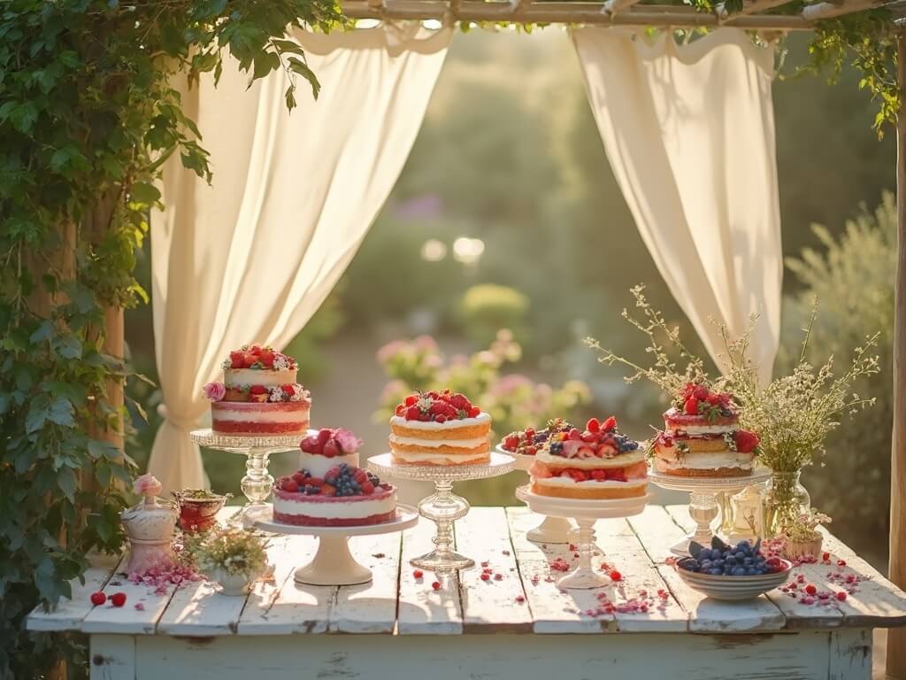 Photographic image of a summer garden dessert display under a sunlit pergola, featuring tiers of berry cakes with strawberries, blueberries, and edible flowers on vintage stands.