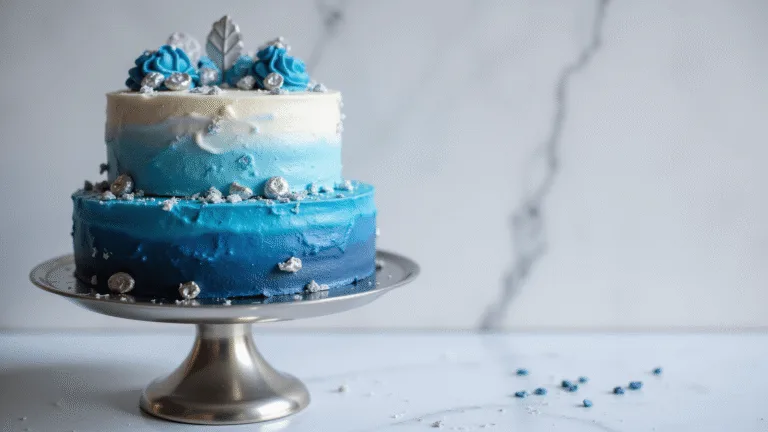 A two-tiered blue ombre celebration cake with silver accents displayed on a polished silver cake stand, set against a white marble backdrop. The gradient blue buttercream frosting transitions from navy to pale sky blue, featuring delicate silver leaf accents and scattered pearlescent sugar sprinkles. The cake is garnished with metallic sugar pearls and tiny crystallized blue meringue cookies, captured in photorealistic detail with soft lighting and a shallow depth of field.