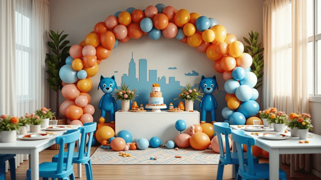 Photorealistic interior of a vibrant children's playroom decorated for a Bluey-themed birthday party, featuring an ombré balloon arch, life-size cutouts of Bluey and Bingo, a dessert table with a Bluey cake and themed snacks, Australian decorations, and twinkling fairy lights, all captured in soft golden hour lighting.
