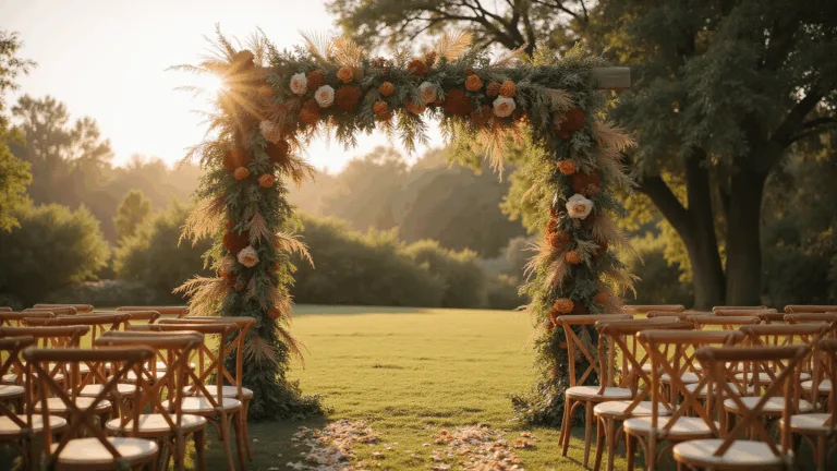A dreamy boho wedding ceremony setup with an asymmetrical floral arch featuring pampas grass, garden roses, and eucalyptus, surrounded by natural wood chairs and wildflower petals, captured during golden hour with soft, dappled lighting and a shallow depth of field.