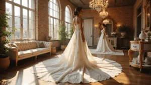 Photorealistic interior of a luxurious bridal boutique showcasing a bride in a detailed white wedding gown with 3D floral appliqués, illuminated by soft natural light, featuring cream velvet seating, crystal chandeliers, and ornate mirrors, captured during golden hour with a shallow depth of field.