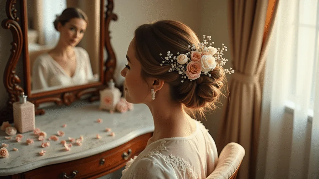 Bride seated at a vintage vanity, adorned with garden roses and baby's breath in an intricate updo, morning light filtering through sheer curtains, soft bokeh and warm tones enhance the elegance of the bridal scene.