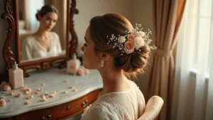 Bride seated at a vintage vanity, adorned with garden roses and baby's breath in an intricate updo, morning light filtering through sheer curtains, soft bokeh and warm tones enhance the elegance of the bridal scene.