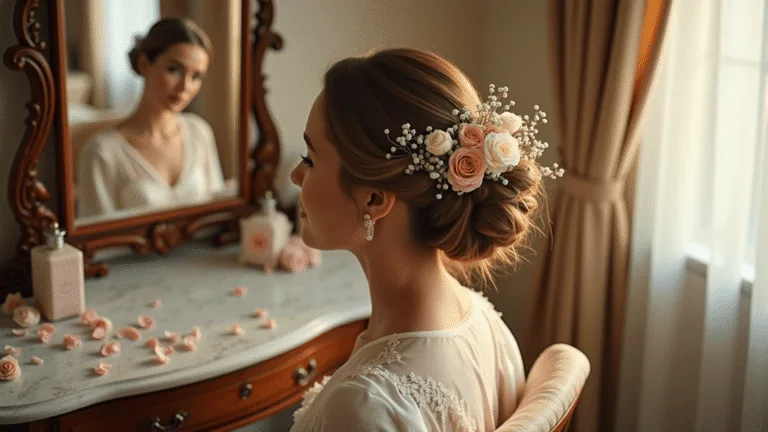 Bride seated at a vintage vanity, adorned with garden roses and baby's breath in an intricate updo, morning light filtering through sheer curtains, soft bokeh and warm tones enhance the elegance of the bridal scene.