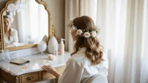 A bride in an ivory silk robe sits at a marble vanity adorned with a flower crown, surrounded by styling tools and rose petals, illuminated by soft morning light in a luxurious hotel suite.