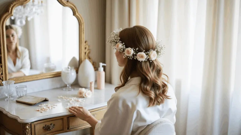 A bride in an ivory silk robe sits at a marble vanity adorned with a flower crown, surrounded by styling tools and rose petals, illuminated by soft morning light in a luxurious hotel suite.